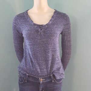 Rock & Republic blue marled long sleeve top with grommet and tie detail